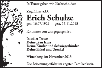 Traueranzeige von Erich Schulze von WVG - Wochenspiegel Wittenberg