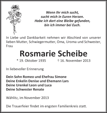 Traueranzeige von Rosmarie Scheibe von WVG - Wochenspiegel NMB / WSF / ZTZ