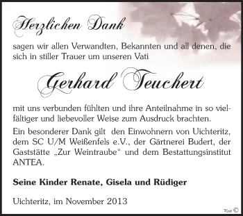 Traueranzeige von Gerhard Teuchert von WVG - Wochenspiegel NMB / WSF / ZTZ