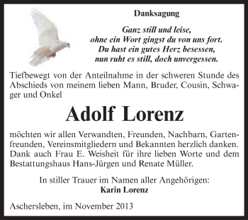 Traueranzeige von Adolf Lorenz von Super Sonntag Aschersleben