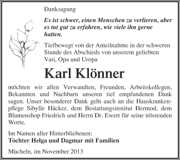Traueranzeige von Karl Klönner von WVG - Wochenspiegel Halle