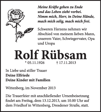 Traueranzeige von Rolf Rübsam von WVG - Wochenspiegel Wittenberg