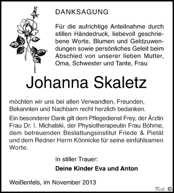 Traueranzeige von Johanna Skaletz von WVG - Wochenspiegel NMB / WSF / ZTZ