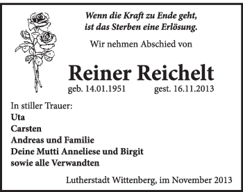 Traueranzeige von Reiner Reichelt von Super Sonntag Wittenberg