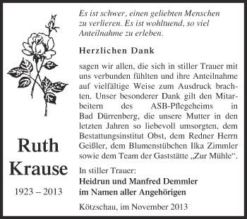 Traueranzeige von Ruth Krause von Super Sonntag Merseburg