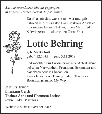 Traueranzeige von Lotte Behring von Super Sonntag Merseburg