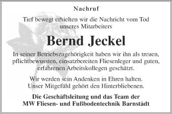 Traueranzeige von Bernd Jeckel von WVG - Wochenspiegel Merseburg