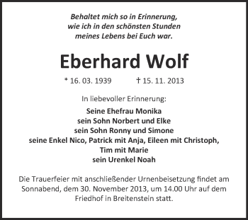 Traueranzeige von Eberhard Wolf von WVG - Wochenspiegel Quedlinburg