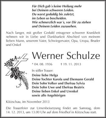 Traueranzeige von Werner Schulze von Super Sonntag Merseburg