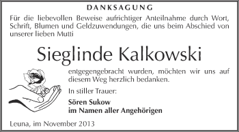 Traueranzeige von Sieglinde Kalkowski von WVG - Wochenspiegel Merseburg