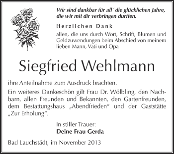 Traueranzeige von Siegfried Wehlmann von WVG - Wochenspiegel Merseburg