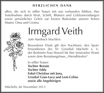 Traueranzeige von Irmgard Veith von WVG - Wochenspiegel Merseburg