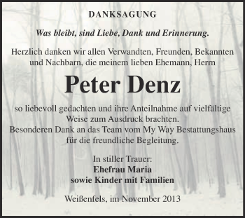 Traueranzeige von Peter Denz von Super Sonntag Merseburg