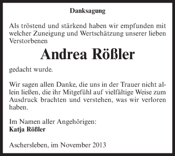 Traueranzeige von Andrea Rößler von Super Sonntag Aschersleben