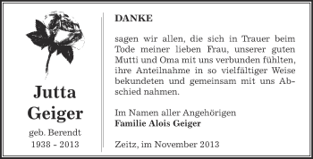 Traueranzeige von Jutta Geiger von Super Sonntag Zeitz