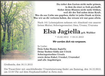 Traueranzeige von Elsa Jagiella von Super Sonntag Zeitz