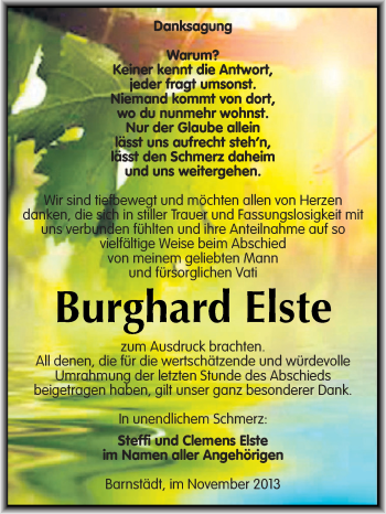 Traueranzeige von Burghard Elste von Super Sonntag Zeitz