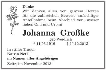 Traueranzeige von Johanna Großke von Super Sonntag Zeitz