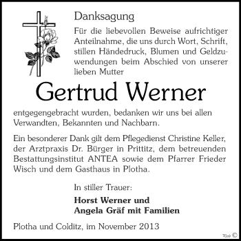 Traueranzeige von Gertrud Werner von WVG - Wochenspiegel NMB / WSF / ZTZ