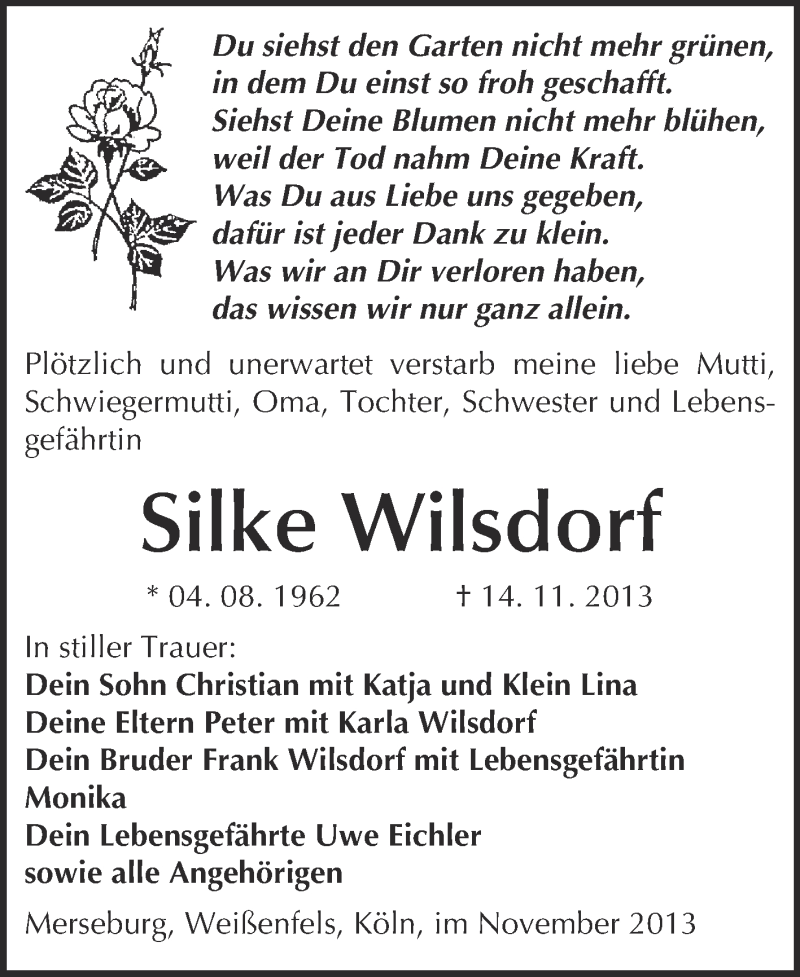  Traueranzeige für Silke Wilsdorf vom 27.11.2013 aus WVG - Wochenspiegel NMB / WSF / ZTZ