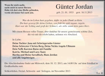 Traueranzeige von Günter Jordan von WVG - Wochenspiegel NMB / WSF / ZTZ