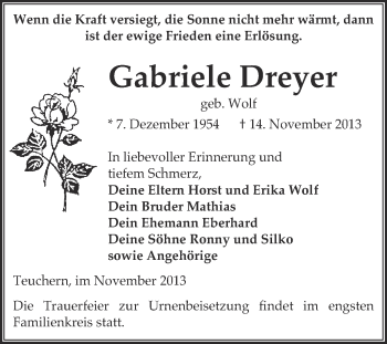 Traueranzeige von Gabriele Dreyer von WVG - Wochenspiegel NMB / WSF / ZTZ