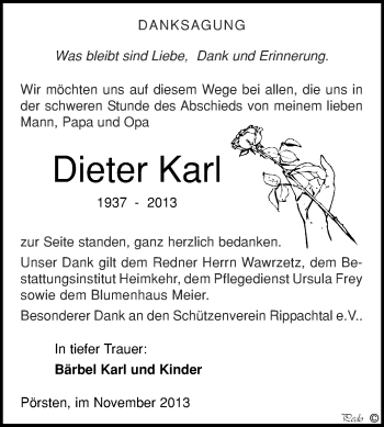 Traueranzeige von Dieter Karl von WVG - Wochenspiegel NMB / WSF / ZTZ