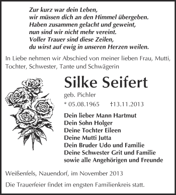 Traueranzeige von Silke Seifert von WVG - Wochenspiegel NMB / WSF / ZTZ