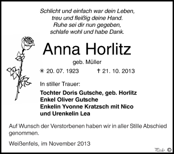 Traueranzeige von Anna Horlitz von WVG - Wochenspiegel NMB / WSF / ZTZ