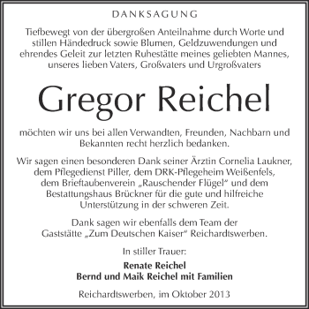 Traueranzeige von Gregor Reichel von WVG - Wochenspiegel NMB / WSF / ZTZ
