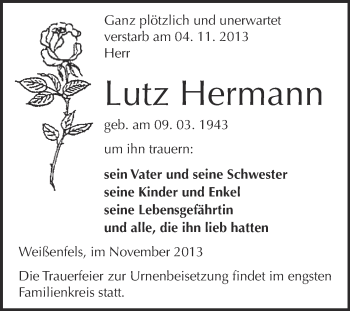 Traueranzeige von Lutz Hermann von WVG - Wochenspiegel NMB / WSF / ZTZ