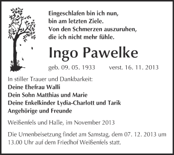 Traueranzeige von Ingo Pawelke von WVG - Wochenspiegel NMB / WSF / ZTZ