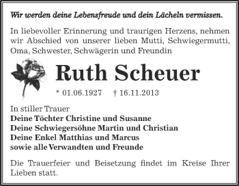 Traueranzeige von Ruth Scheuer von WVG - Wochenspiegel Dessau / Köthen