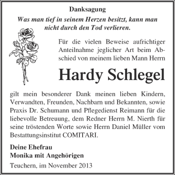 Traueranzeige von Hardy Schlegel von WVG - Wochenspiegel NMB / WSF / ZTZ