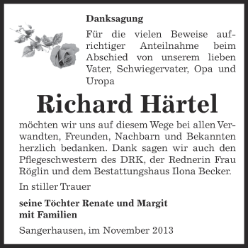 Traueranzeige von Richard Härtel von Super Sonntag SGH Mansf. Land