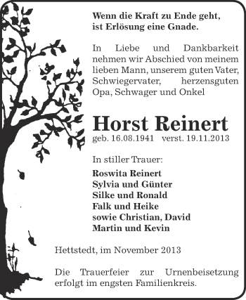 Traueranzeige von Horst Reinert von Super Sonntag SGH Mansf. Land