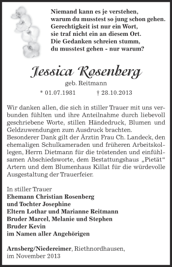 Traueranzeige von Jessica Rosenberg von Super Sonntag SGH Mansf. Land