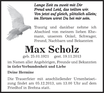 Traueranzeige von Max Scholz von WVG - Wochenspiegel Bitterfeld