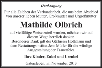 Traueranzeige von Mathilde Olbrich von Super Sonntag Aschersleben
