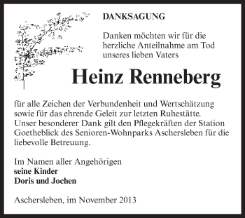 Traueranzeige von Heinz Renneberg von WVG - Wochenspiegel Aschersleben