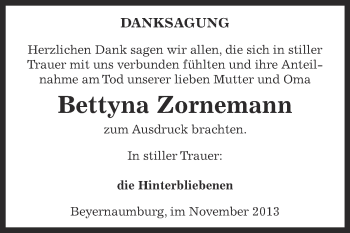 Traueranzeige von Bettyna Zornemann von WVG - Wochenspiegel SGH