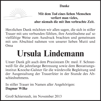 Traueranzeige von Ursula Lindemann von Super Sonntag Aschersleben