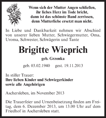 Traueranzeige von Brigitte Wieprich von WVG - Wochenspiegel Aschersleben