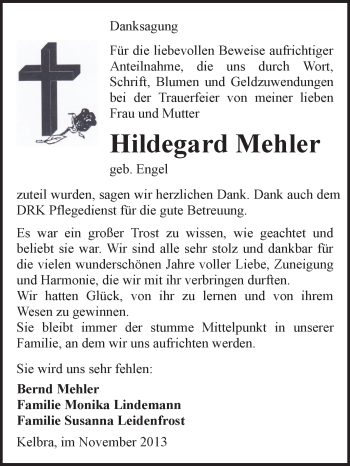 Traueranzeige von Hildegard Mehler von Super Sonntag SGH Mansf. Land