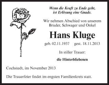 Traueranzeige von Hans Kluge von WVG - Wochenspiegel Aschersleben