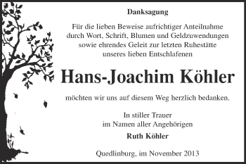 Traueranzeige von Hans-Joachim Köhler von WVG - Wochenspiegel Quedlinburg