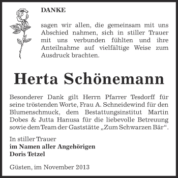 Traueranzeige von Herta Schönemann von Super Sonntag Bernburg