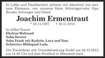 Traueranzeige von Joachim Ermentraut von Super Sonntag Bernburg
