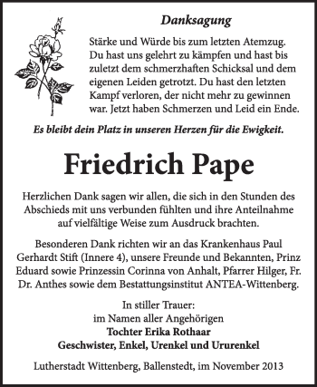 Traueranzeige von Friedrich Pape von Super Sonntag Wittenberg