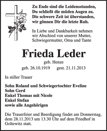 Traueranzeige von Frieda Leder von WVG - Wochenspiegel Wittenberg